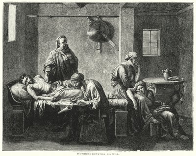 Eudemidas dikterer hans testamente (gravering) av Nicolas (after) Poussin