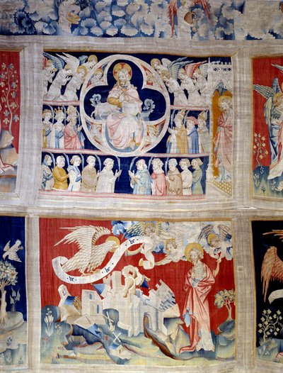 Åpenbaringsgardin (1373-1383), n. 13: Gud og Lammet, symbol på Kristus. Nedenfor, n. 20, frigjør de tre englene kreftene. Tapetet av Nicolas Bataille (1330-1405) av Nicolas Bataille