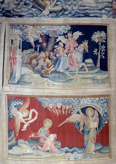 Henging av åpenbaring (1373-1383), n. 24: den femte trompet: en nøkkel slipper gresshoppene. Nedenfor, n. 27, viser engelen i boken seg for Johannes som transkriberer det guddommelige budskapet til lyden av de syv tonere. Tapetet av Nicolas Bataille (133 av Nicolas Bataille