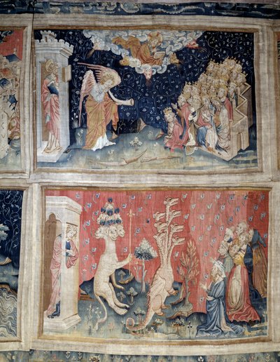 Henging av åpenbaring (1373-1383), n. 24: den syvende basunen. N. 39: Tilbedelse av dragen. Tapestry av Nicolas Bataille (1330-1405) av Nicolas Bataille