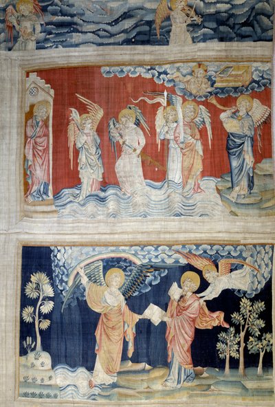 Henging av åpenbaring (1373-1383), n. 25: den sjette basunen, Eufrats engler. Nedenfor, n. 28, overlater engelen boken til Saint John som fortærer den. Tapestry av Nicolas Bataille (1330-1405) av Nicolas Bataille