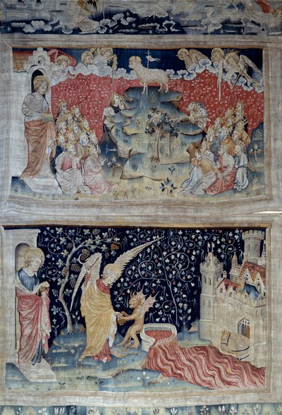 Henging av åpenbaring (1373-1383), n. 47: Lammet på Sions berg. Nedenfor, n. 55, engelen plukker opp vintreet på jorden, som strømmet inn i det store karet av Guds vrede, karet renner over og blodet gjenoppstår. Tapestry av Nicolas Bataille (1330-1405) av Nicolas Bataille