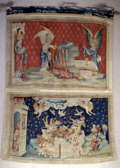 Henging av åpenbaring (1373-1383), n. 59: den andre og tredje flasken strømmer over havet og vannet. I underetasjen, n. 66, Babylon blir invadert av demoner. Tapetet av Nicolas Bataille (1330-1405) av Nicolas Bataille