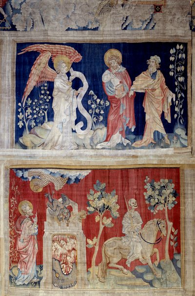 Hanging of Revelation (1373 -1383), nr. 6 og nr. 10: nr. 6 høy: Johannes gråter for ikke å kunne åpne boken, en gammel mann konsollen; Nr. 10 lav: Døden etterlater et sted for lidelse bak seg). Tapetet av Nicolas Bataille (1330-1405) av Nicolas Bataille