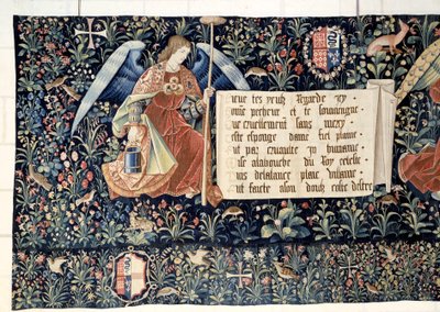 Hanging of the Revelation (1373-1383), engler som bærer lidenskapens instrumenter. Tapestry av Nicolas Bataille (1330-1405) av Nicolas Bataille