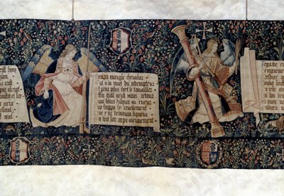 Hanging of the Revelation (1373-1383), engler som bærer lidenskapens instrumenter. Tapetet av Nicolas Bataille (1330-1405) av Nicolas Bataille