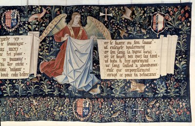 Hanging of the Revelation (1373-1383), engler som bærer lidenskapens instrumenter. Tapetet av Nicolas Bataille (1330-1405) av Nicolas Bataille