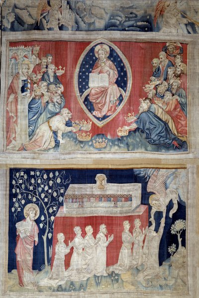 Åpenbaringens gardin (1373-1383), n. 5: de eldre legger seg ned foran Kristus i majestet (Jesus Kristus i herlighet er representert inne i en mandorla). N. 11: martyrenes sjeler. Tapestry av Nicolas Bataille (1330-1405) av Nicolas Bataille