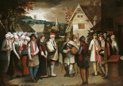 En bryllupsprosesjon gjennom en by av Nicolas Baullery