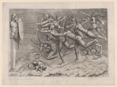 Nakne bueskyttere som skyter mot et mål festet til en herm, Amor sover under, mulig..., ca. 1540-60. av Nicolas Beatrizet