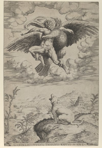 Voldtekten av Ganymedes av Jupiter i skikkelse av en ørn som bærer ham inn i himmelen, hei..., 1542. av Nicolas Beatrizet