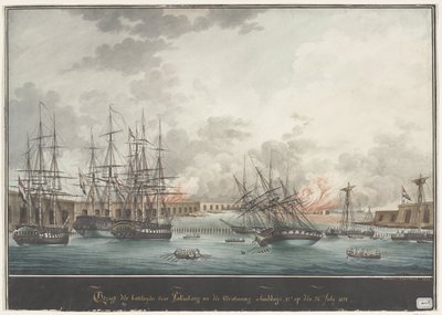 Utsikt over batteriene for Palembang etter seieren på ettermiddagen - 12t. den 24. juli 1821 (tittel på objekt) av Nicolas Cammillieri