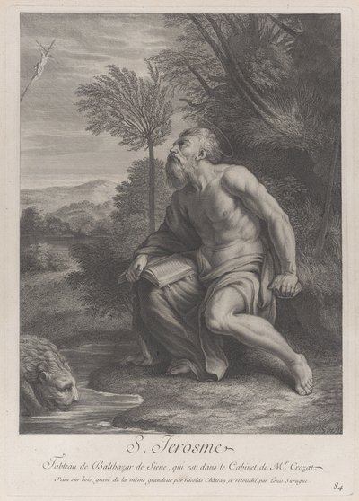 Sankt Hieronymus sitter ved et tre og ser opp på et krusifiks, en løve som drikker vann fra en str..., 1728 av Nicolas Chateau