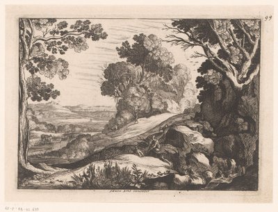 Kupert landskap med to geitegjetere Idealiserte landskap (serietittel) av Nicolas Cochin (attributed to)