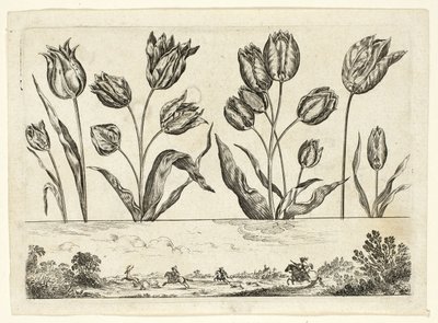 Blomster og jaktscene, fra Livre Nouveau de Fleurs... av Nicolas Cochin