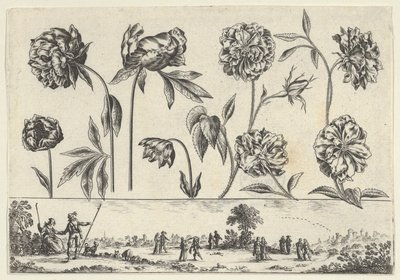 Horisontalt panel med en rad med blomster over en frise med figurer i et landskap, fra Li..., 1645. av Nicolas Cochin