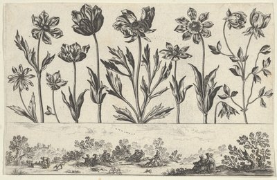 Horisontalt panel med en rad med blomster over en frise med figurer i et landskap, fra Li..., 1645. av Nicolas Cochin