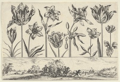 Horisontalt panel med en rad med blomster over en frise med en kampscene i et landskap, ..., 1645. av Nicolas Cochin