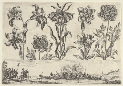 Horisontalt panel med en rad med blomster over en frise med en kampscene i et landskap, ..., 1645. av Nicolas Cochin