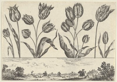 Horisontalt panel med en rad med blomster over en frise med en jaktscene i et landskap,..., 1645. av Nicolas Cochin