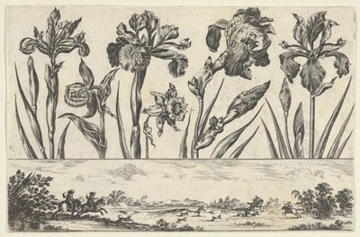 Horisontalt panel med en rad med blomster over en frise med en jaktscene i et landskap,..., 1645. av Nicolas Cochin