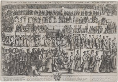 Prosesjonen av St. Genevieves kiste, med geistlige og lekmenn som marsjerte i seks rader..., 1652. av Nicolas Cochin