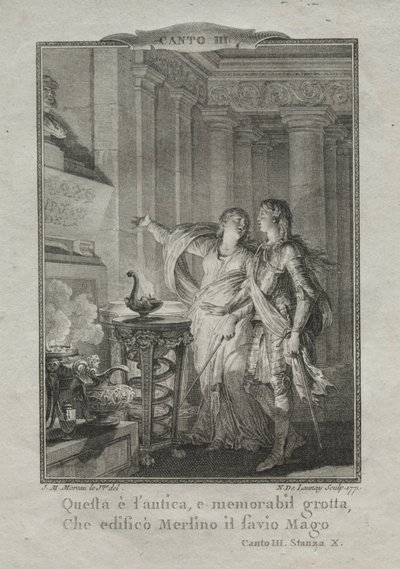 I grotten til Merlin, tryllekunstneren, 1771. av Nicolas Delaunay