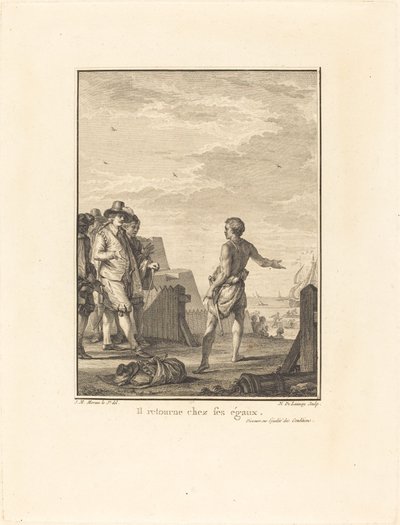 Tale om likestilling: Han vender tilbake til sine likemenn av Nicolas Delaunay after Jean Michel Moreau