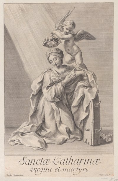 Saint Catherine of Alexandria, knelende med albuen hvilende på pigghjulet, og en..., 1698. av Nicolas Dorigny
