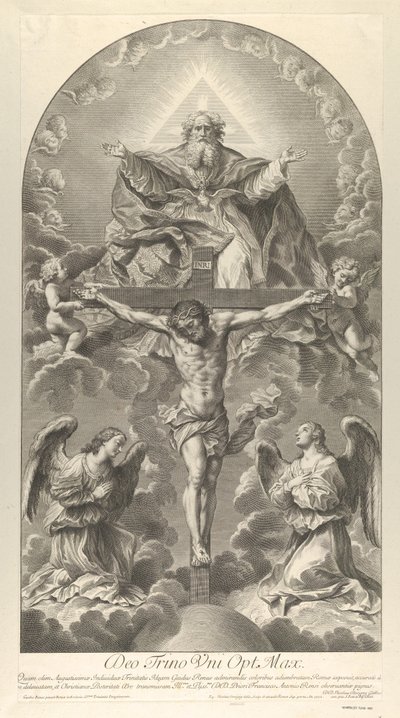 Den hellige treenighet, Kristus på korset flankert av to engler, Den Hellige Ånd som en due og..., 1702. av Nicolas Dorigny