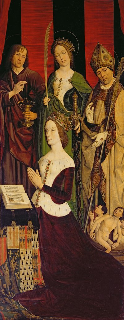 Triptych of Moses and the Burning Bush, høyre panel som viser Jeanne de Laval (d.1498) med St. John, St. Catherine og St. Nicholas, ca. 1476 (se også 26542, 173010 og 232840) av Nicolas Froment