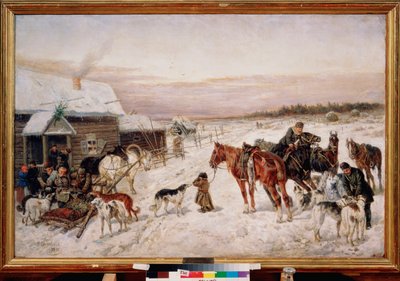 Før en pub om vinteren - Maleri av Nikolai Yegorovich Sverchkov (Nicolas Swertschkoff) (1817-1898), olje på lerret av Nicolas Gregorovitch Svertschkoff