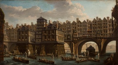 Sailors Jousting, Mellom Pont Notre Dame og Pont-Au-Change, Paris, 1756. av Nicolas Jean Baptiste Raguenet