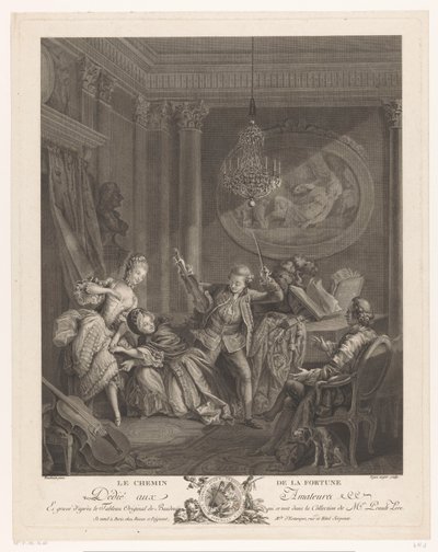 En fiolinist og to unge kvinner i et interiør, en sittende mann ser på Le Chemin de la Fortune (tittel på objekt) av Nicolas Joseph Voyez