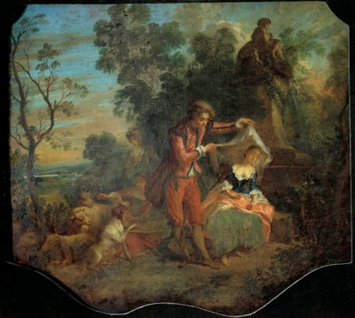 Hyrden indiskret bukolisk scene som viser en ung hyrde som løfter sløret som en ung hyrde sover under. Maleri av Nicolas Lancret (1690-1743). 1700-tallets søn. 0,84 x 0,95 m. Omvisninger, Museum of Fine Arts av Nicolas Lancret