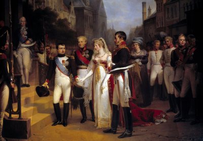 Keiser Napoleon Bonaparte (1769-1821) mottok dronning Louise av Preussen i Tilsit (Tilsitt) 6.07.1807. På trappa venter diplomaten Talleyrand. Maleri av Nicolas Louis Gosse (1787-1878) 1837 søn. 3,51x4,92 m Versailles, musee du Chateau - The av Nicolas Louis Francois Gosse