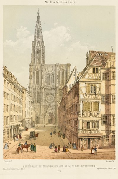 Rue Mercière og vestfronten av Strasbourg-katedralen av Nicolas Marie Joseph (after) Chapuy