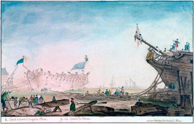 Sjøsetting av et skip ved Brest, c1750-1810 av Nicolas Marie Ozanne