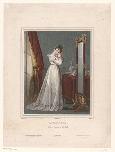 Ung kvinne som står foran speilet La toilette (tittel på objekt) av Nicolas Maurin