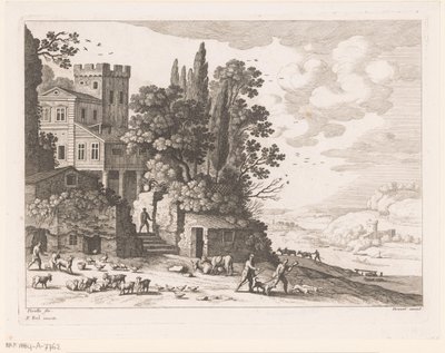 Landskap med hus, figurer og storfe av Nicolas Perelle
