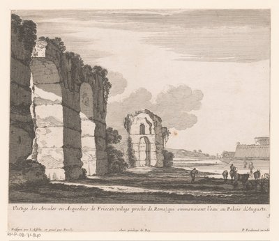 Landskap med ruiner og kugjetere Vestige des Arcades ou Aqueducs de Friscati (...) (tittel på objekt) av Nicolas Perelle