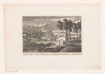 Landskap med turgåere ved steinbro Landskap med turgåere (serietittel) av Nicolas Perelle
