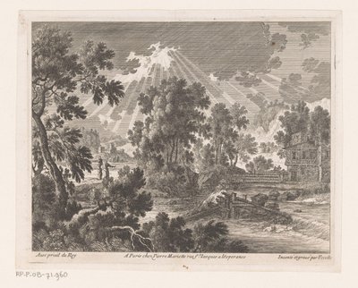 Solrikt landskap med et hus ved elven av Nicolas Perelle