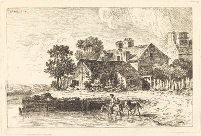 Hester som ledes til vann på en svingete elvebredd av Nicolas Perignon