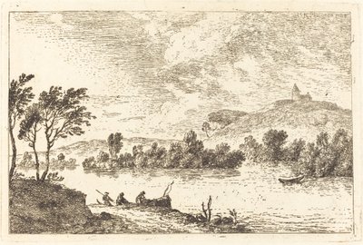 Elvelandskap med figurer og en båt ved vannkanten av Nicolas Perignon