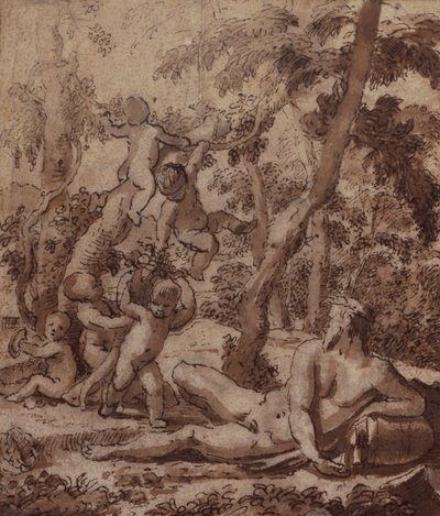 Et skogkledd landskap med en elvegud og Putti (penn og blekk) av Nicolas Poussin