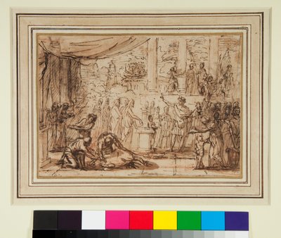 Antikk offer i et tempel (penn og brunt blekk og brunt vask over rødt kritt) av Nicolas Poussin