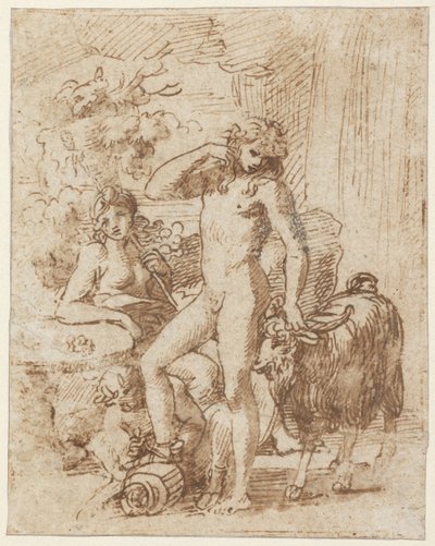 Bacchus og Erigone (penn og blekk med vask på papir) av Nicolas Poussin