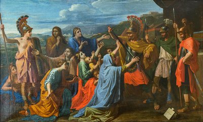 Coriolanus overtalt av sin familie til å skåne Roma Veturia ved føttene til Coriolanus, ca 1652. av Nicolas Poussin