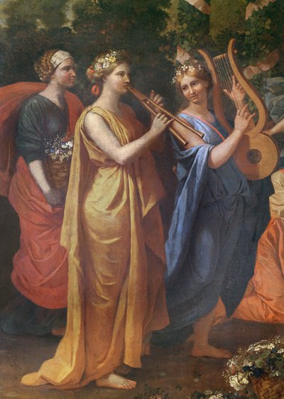 Hymenaios forkledd som en kvinne under et offer til Priapus, detalj av musikerne, ca. 1634-38 av Nicolas Poussin